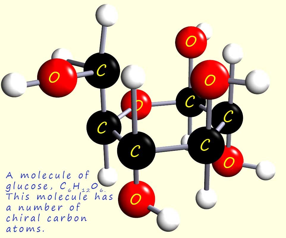 a 3d model of a molecule of glucose showing that it  has more than one chiral carbon